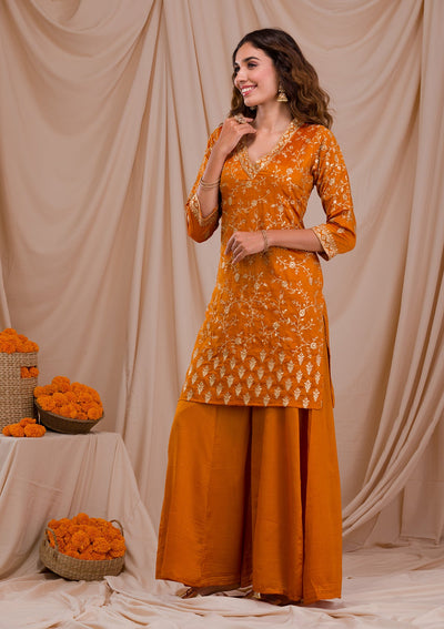 Mustard Zariwork Art Silk Readymade Salwar Suit