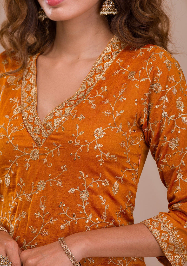 Mustard Zariwork Art Silk Readymade Salwar Suit-Koskii