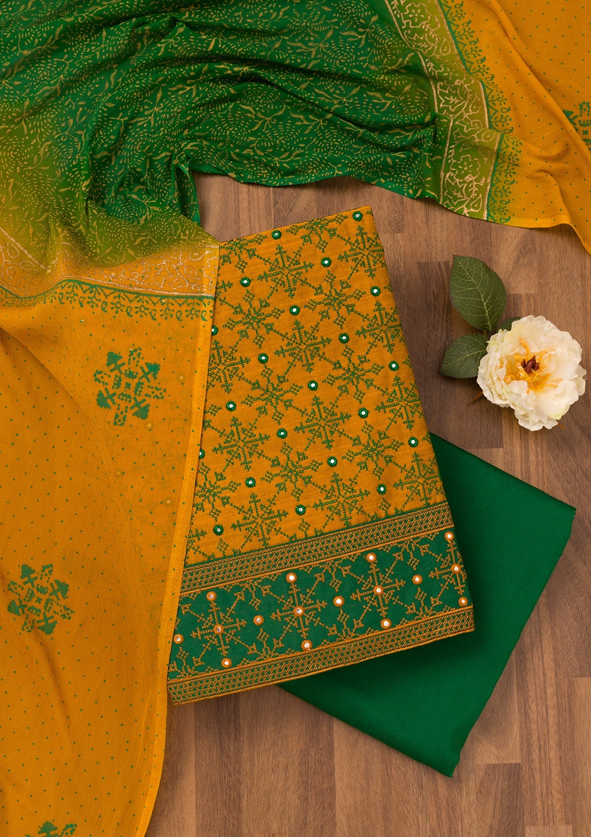 Mustard Zariwork Art Silk Unstitched Salwar Suit-Koskii