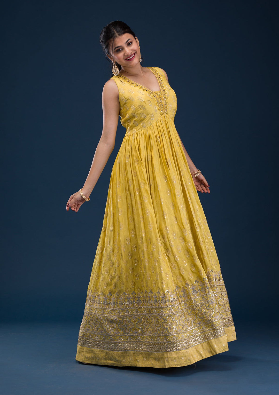 Mustard Zariwork Banarasi Readymade Salwar Suit-Koskii