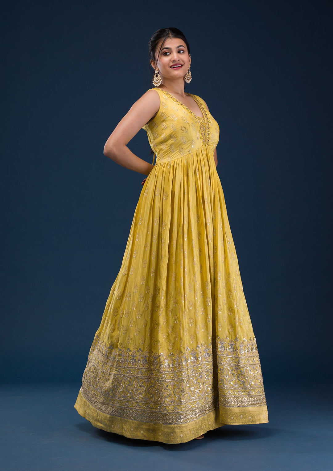 Mustard Zariwork Banarasi Readymade Salwar Suit-Koskii