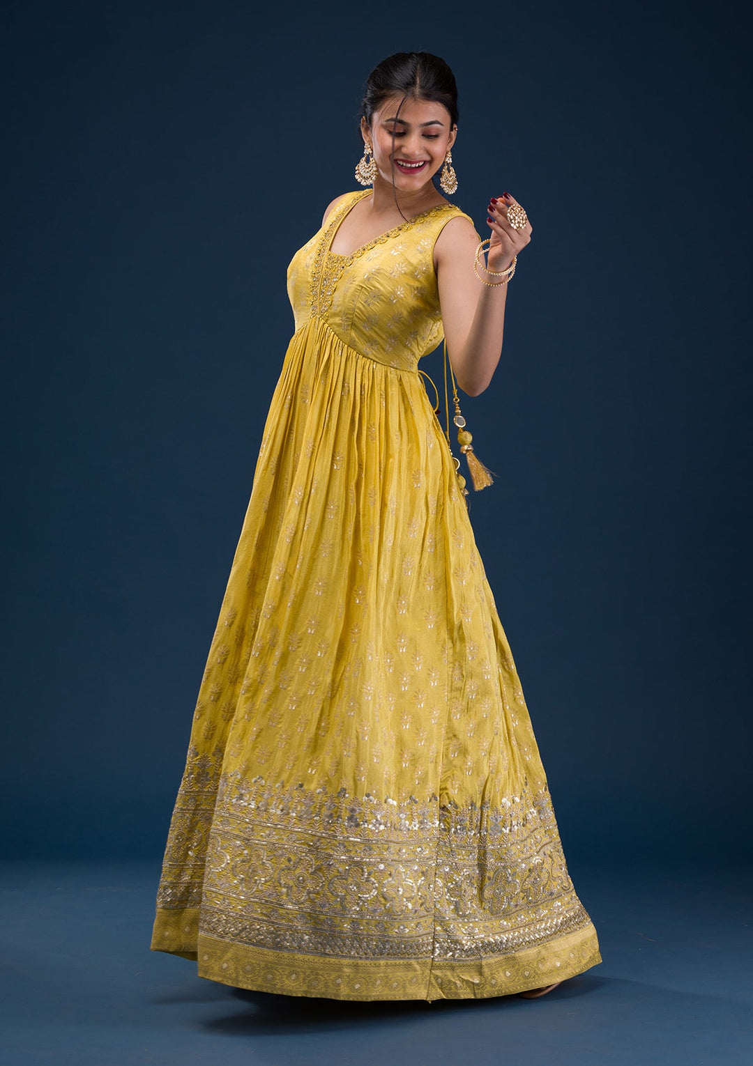 Mustard Zariwork Banarasi Readymade Salwar Suit-Koskii