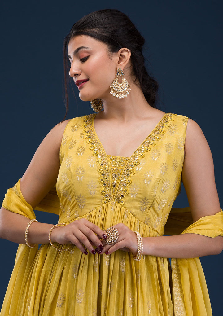 Mustard Zariwork Banarasi Readymade Salwar Suit-Koskii