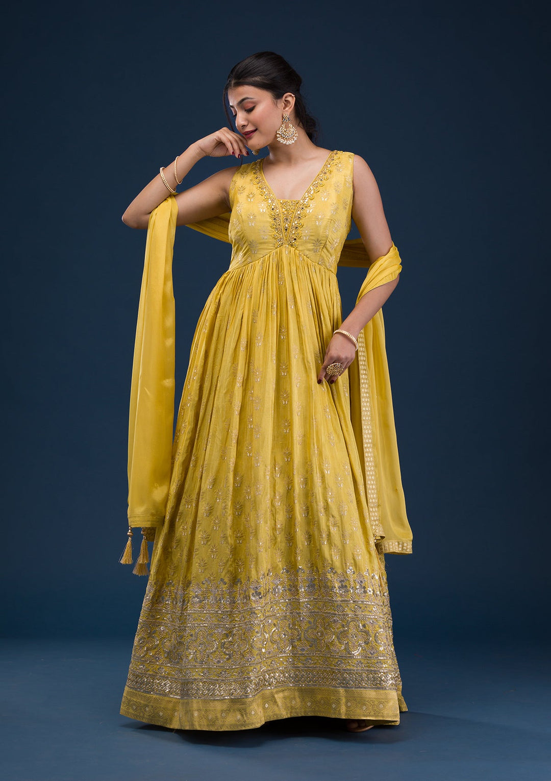 Mustard Zariwork Banarasi Readymade Salwar Suit-Koskii