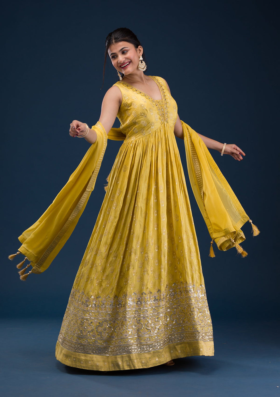 Mustard Zariwork Banarasi Readymade Salwar Suit-Koskii