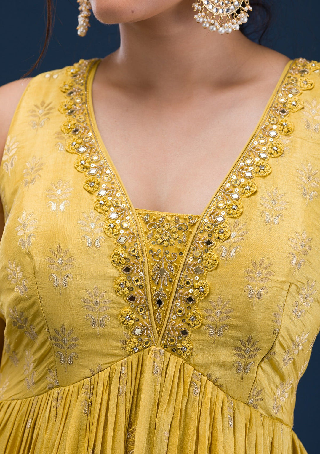 Mustard Zariwork Banarasi Readymade Salwar Suit-Koskii