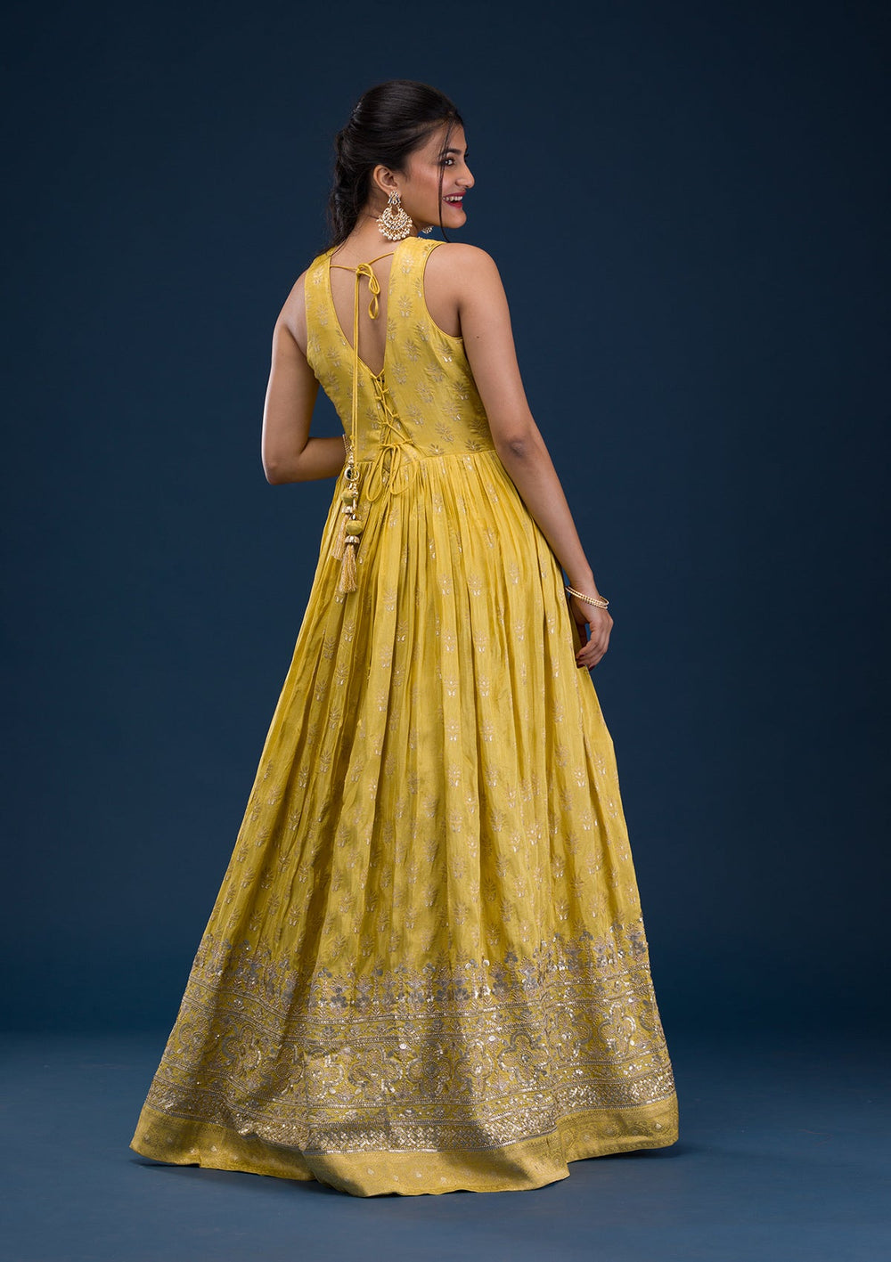 Mustard Zariwork Banarasi Readymade Salwar Suit-Koskii