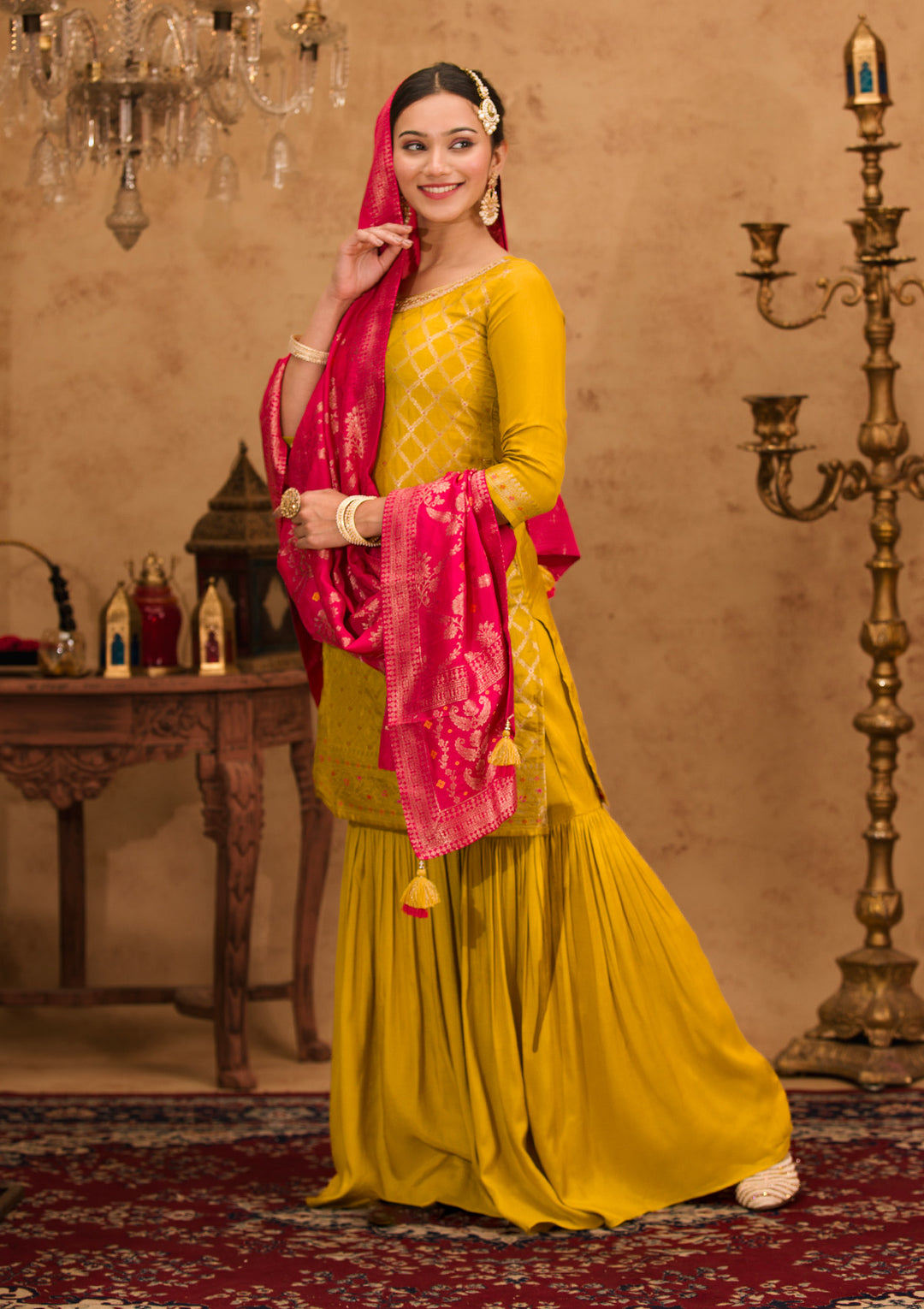 Mustard Zariwork Banarasi Readymade Salwar Kameez