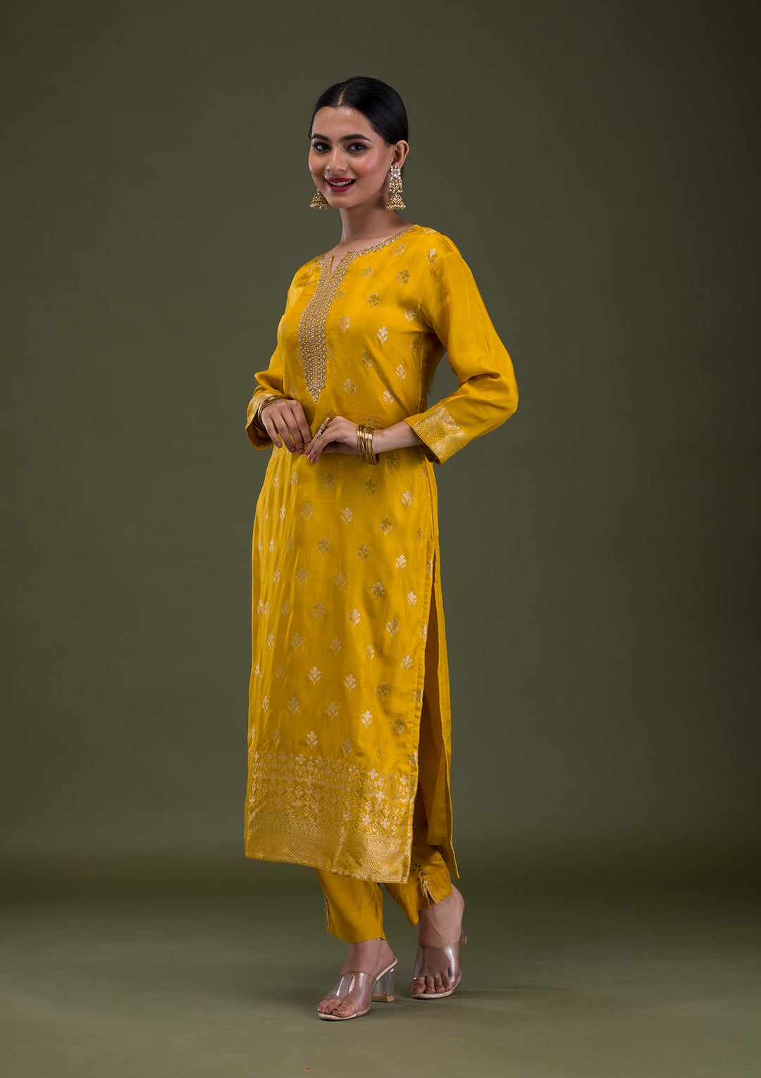 Mustard Zariwork Banarasi Readymade Salwar Suit-Koskii