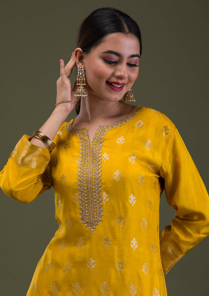 Mustard Zariwork Banarasi Readymade Salwar Suit-Koskii