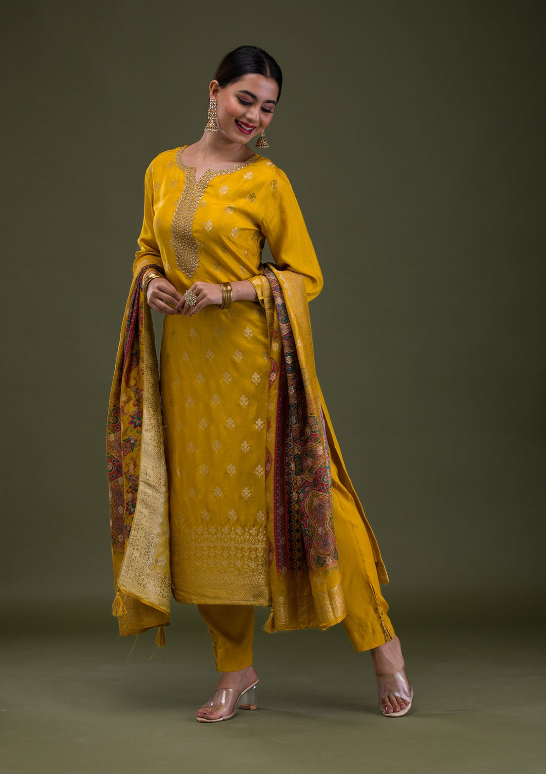 Mustard Zariwork Banarasi Readymade Salwar Suit-Koskii