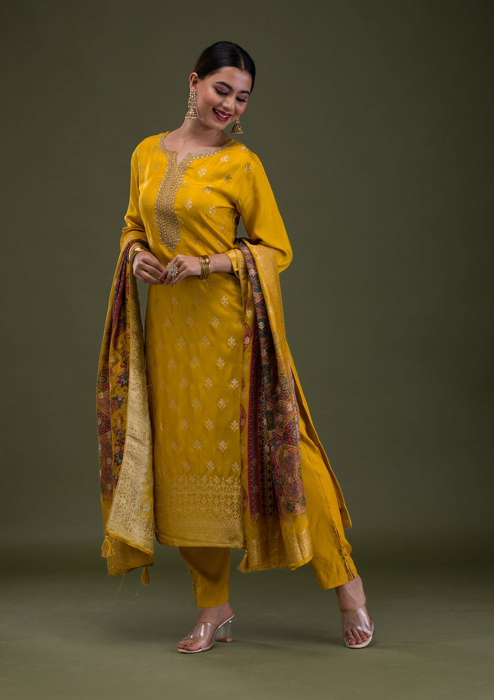Mustard Zariwork Banarasi Readymade Salwar Suit-Koskii