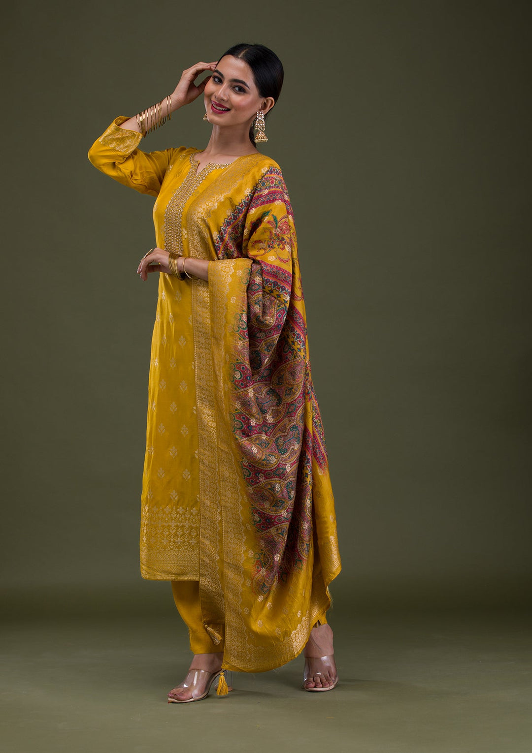 Mustard Zariwork Banarasi Readymade Salwar Suit-Koskii
