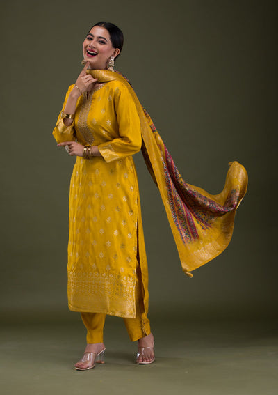 Mustard Zariwork Banarasi Readymade Salwar Suit-Koskii