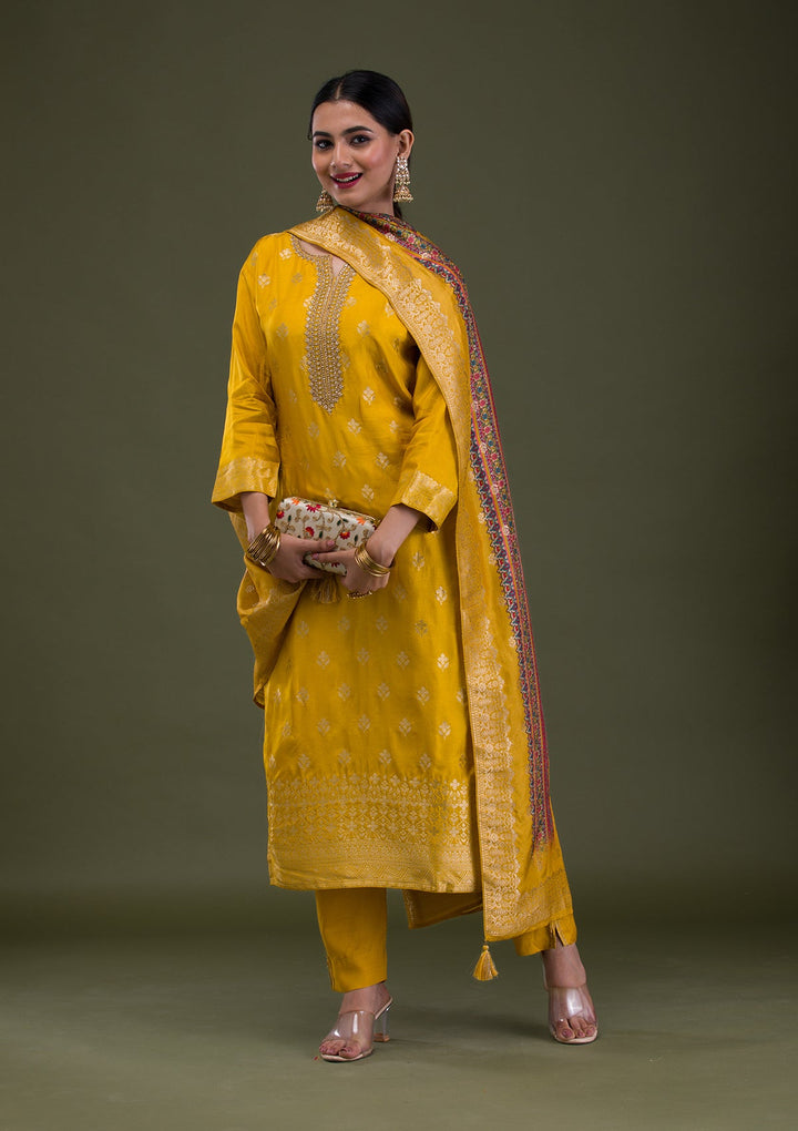 Mustard Zariwork Banarasi Readymade Salwar Suit-Koskii