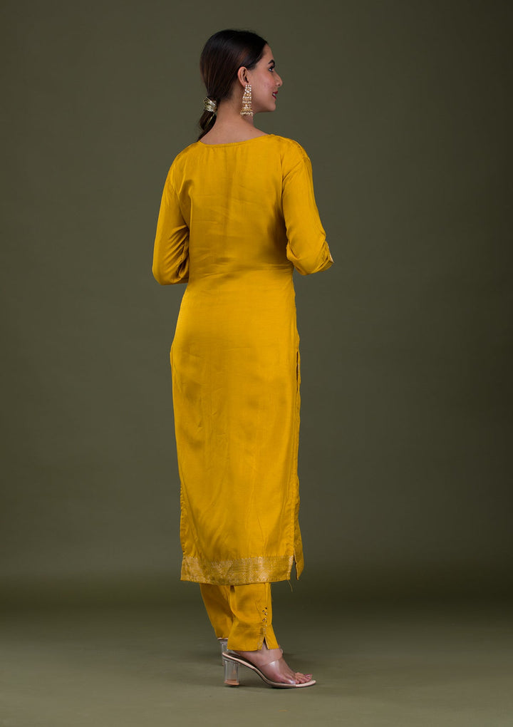 Mustard Zariwork Banarasi Readymade Salwar Suit-Koskii