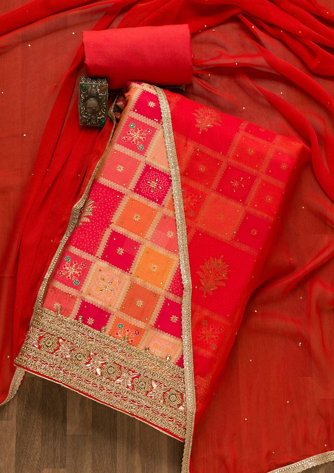 Mustard Zariwork Art Silk Unstitched Salwar Kameez-Koskii