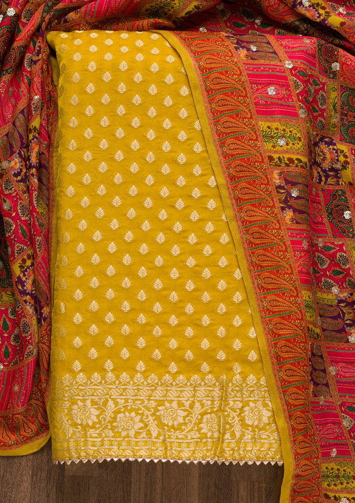 Mustard Zariwork Banarasi Unstitched Salwar Suit-Koskii