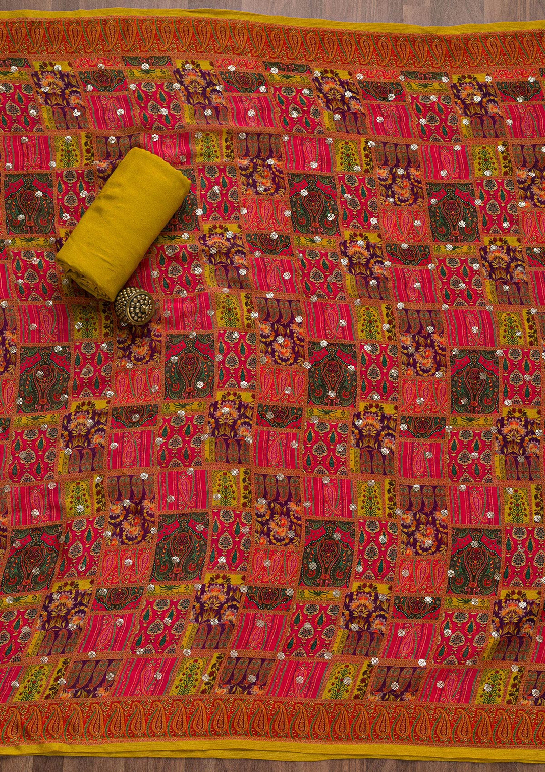Mustard Zariwork Banarasi Unstitched Salwar Suit-Koskii