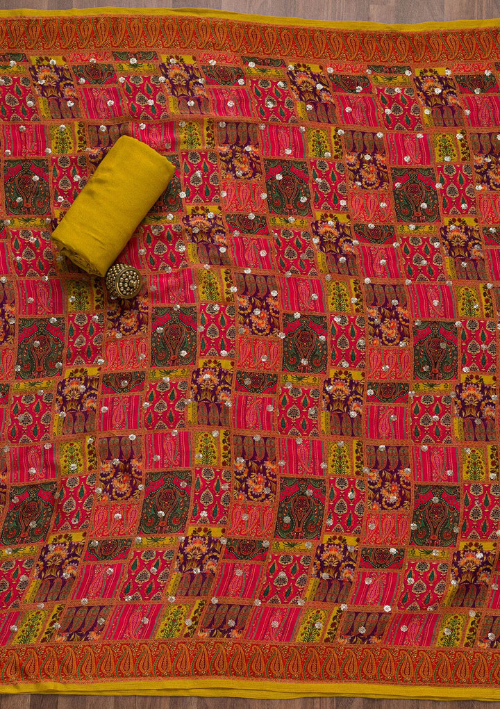 Mustard Zariwork Banarasi Unstitched Salwar Suit-Koskii