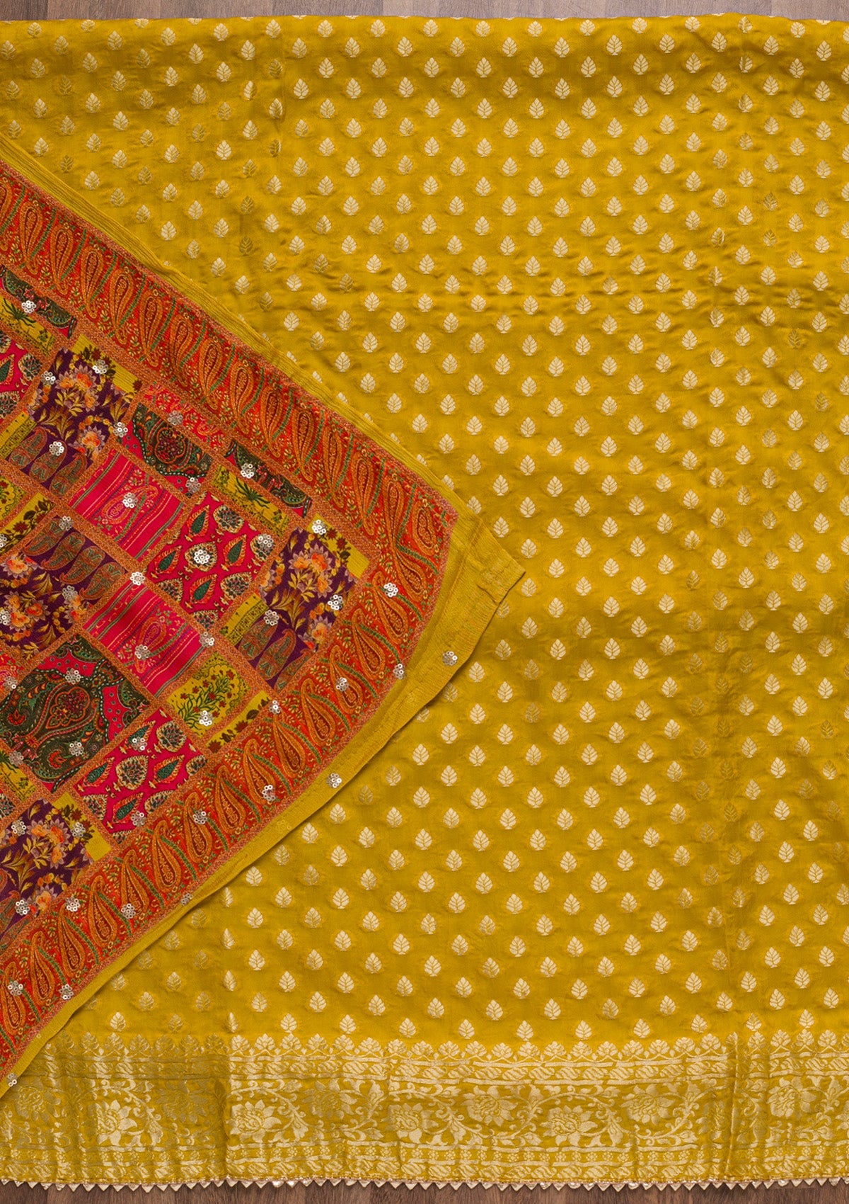 Mustard Zariwork Banarasi Unstitched Salwar Suit-Koskii