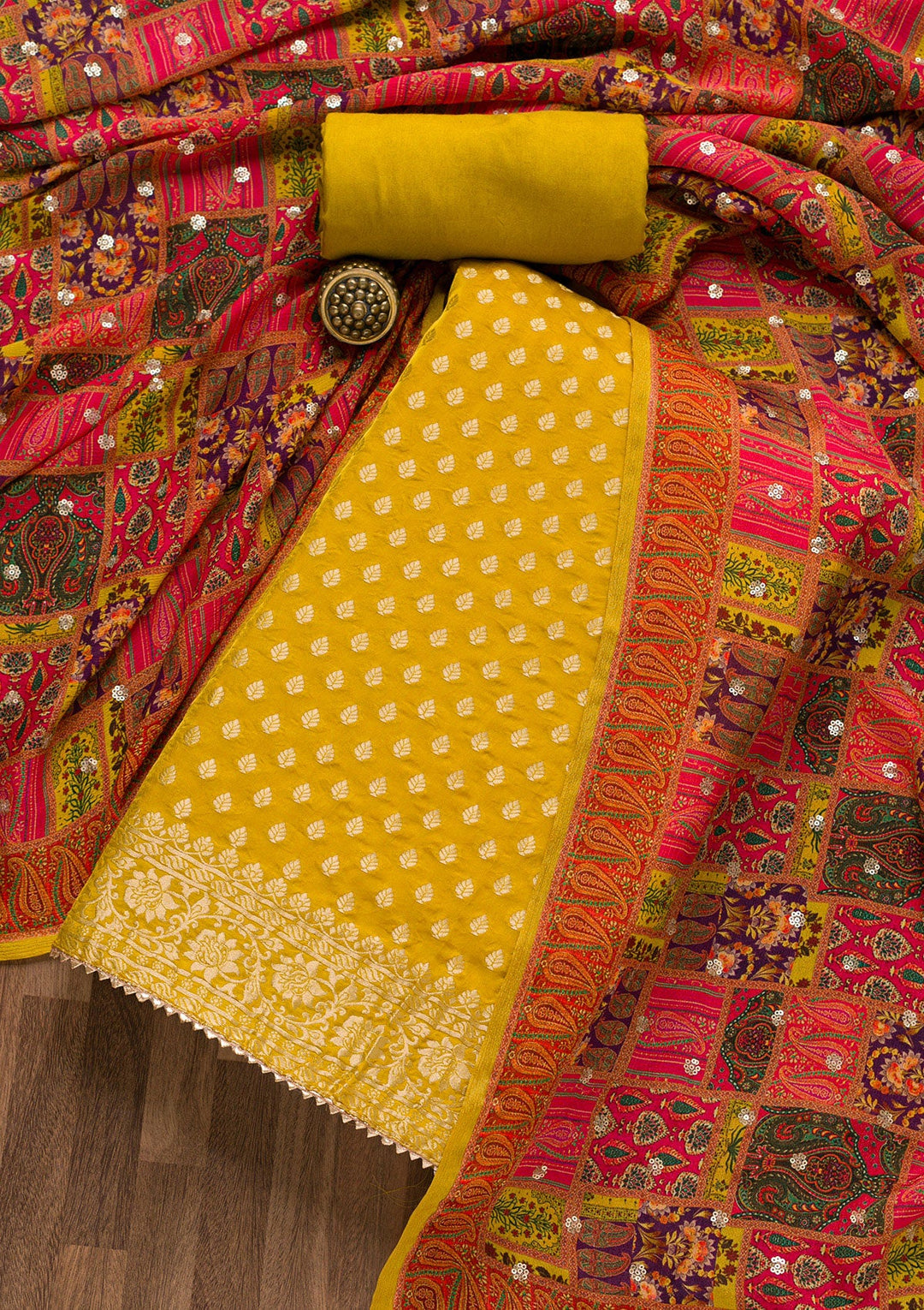 Mustard Zariwork Banarasi Unstitched Salwar Suit-Koskii