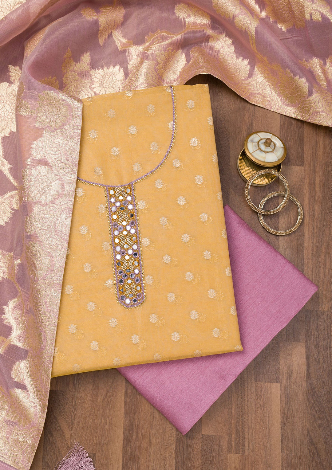 Mustard Zariwork Banarasi Unstitched Salwar Suit-Koskii