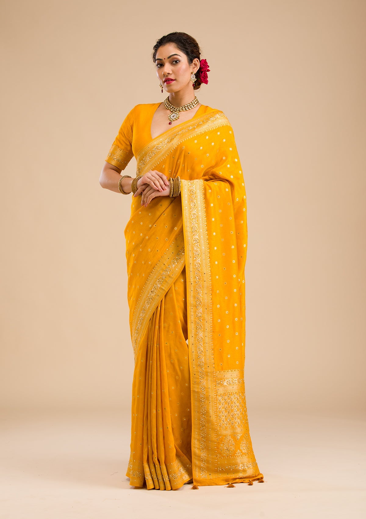 Mustard Zariwork Banarasi Silk Saree-Koskii