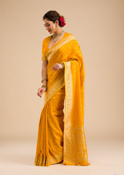 Mustard Zariwork Banarasi Silk Saree-Koskii