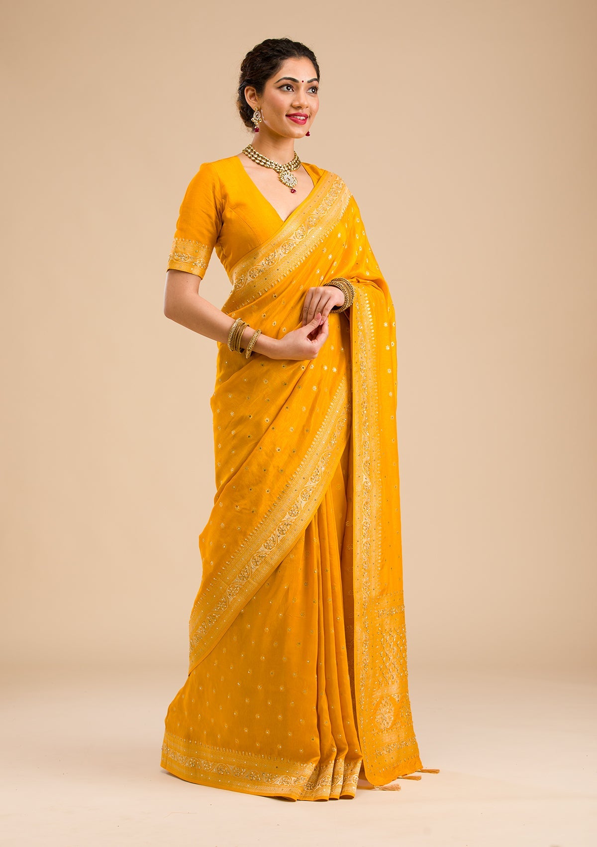 Mustard Zariwork Banarasi Silk Saree-Koskii