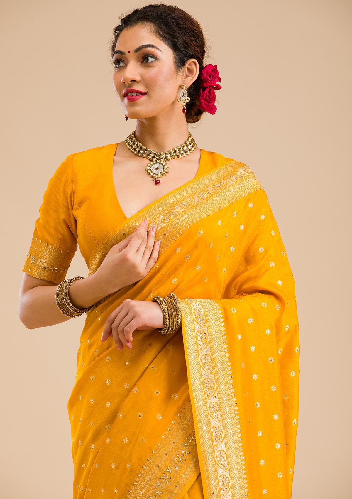 Mustard Zariwork Banarasi Silk Saree-Koskii