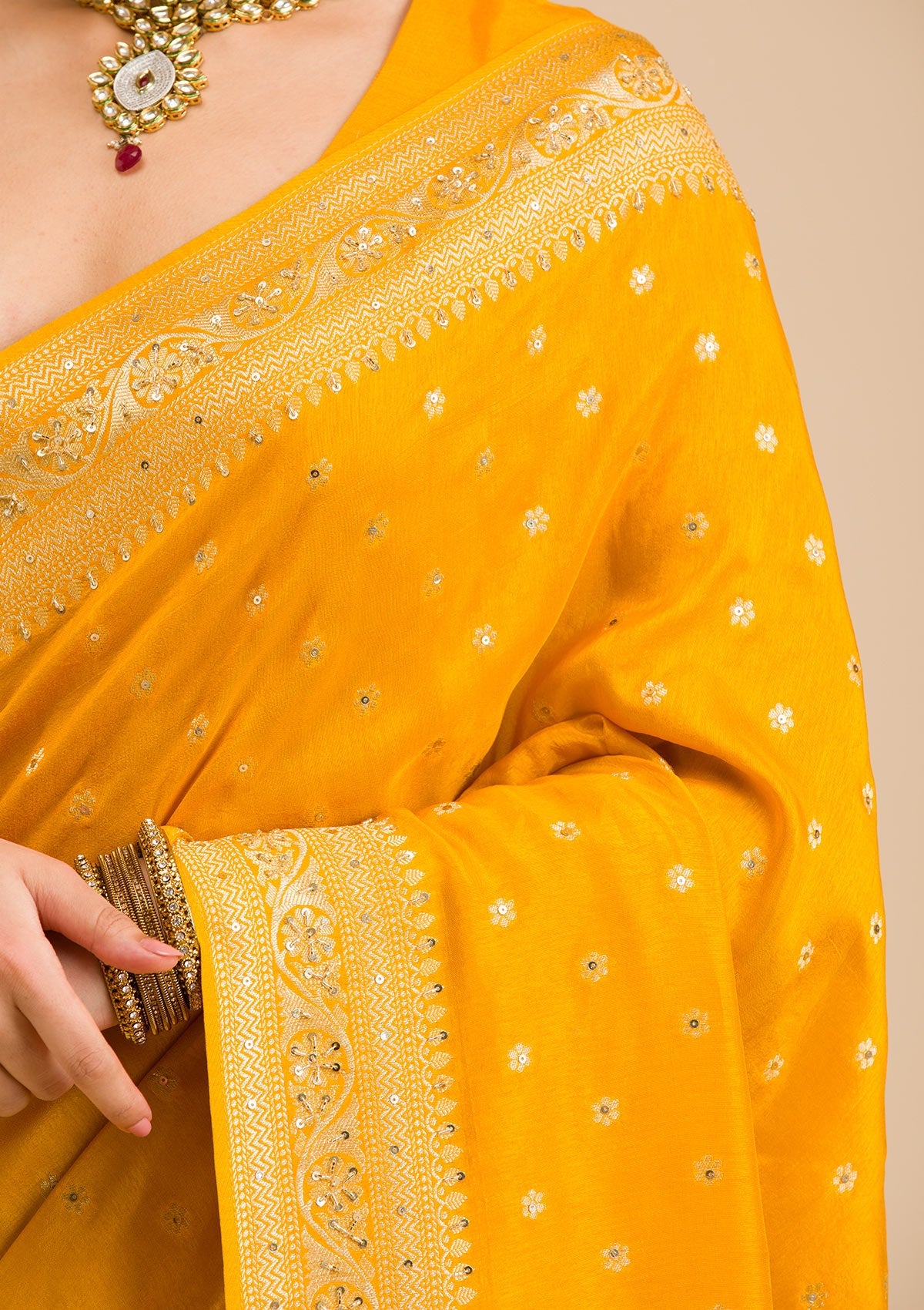 Mustard Zariwork Banarasi Silk Saree-Koskii