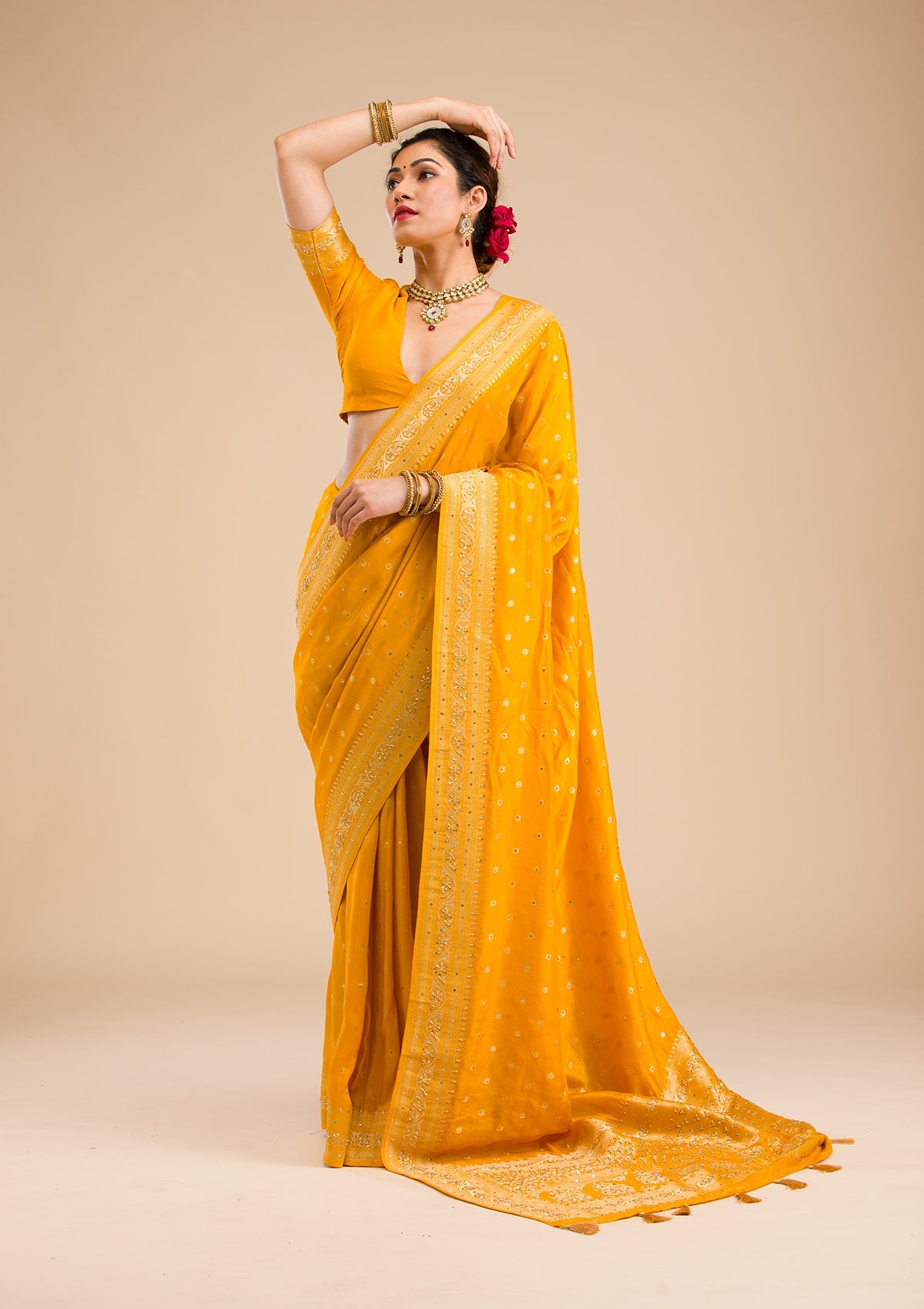 Mustard Zariwork Banarasi Silk Saree-Koskii