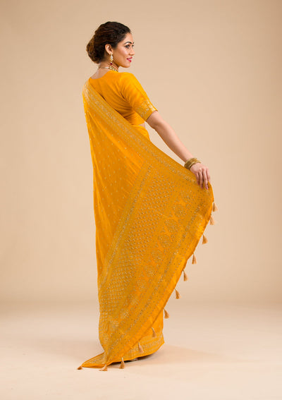 Mustard Zariwork Banarasi Silk Saree-Koskii