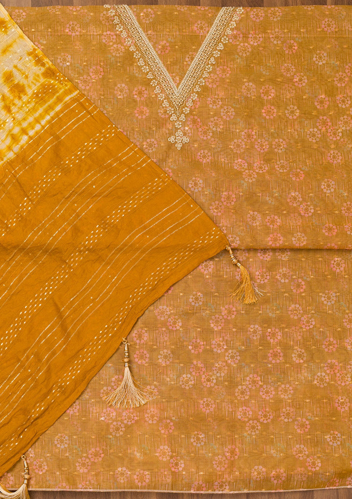 Mustard Zariwork Chanderi Unstitched Salwar Suit-Koskii