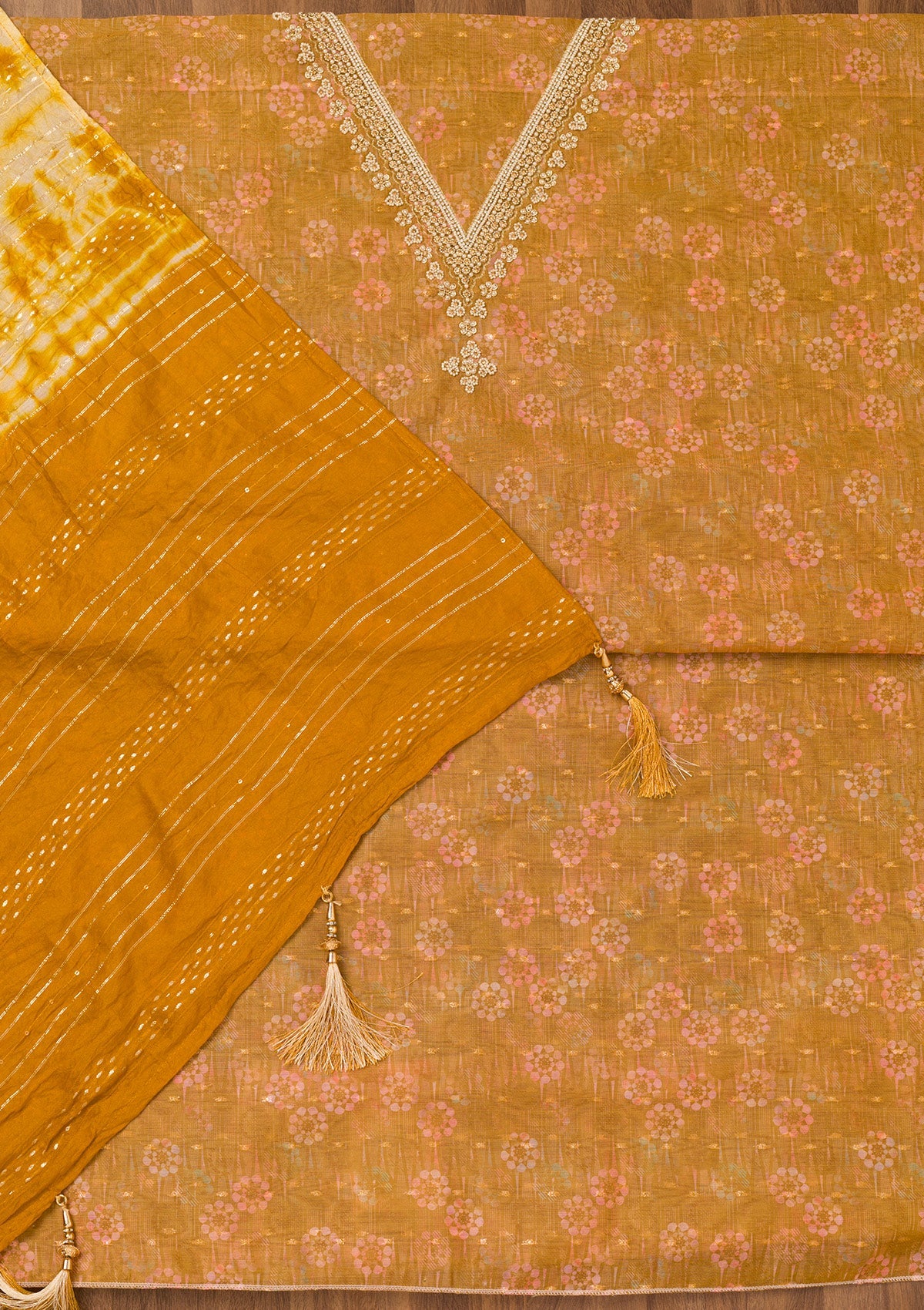 Mustard Zariwork Chanderi Unstitched Salwar Suit-Koskii