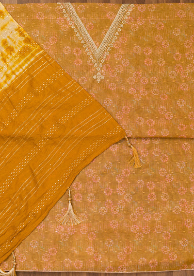 Mustard Zariwork Chanderi Unstitched Salwar Suit-Koskii