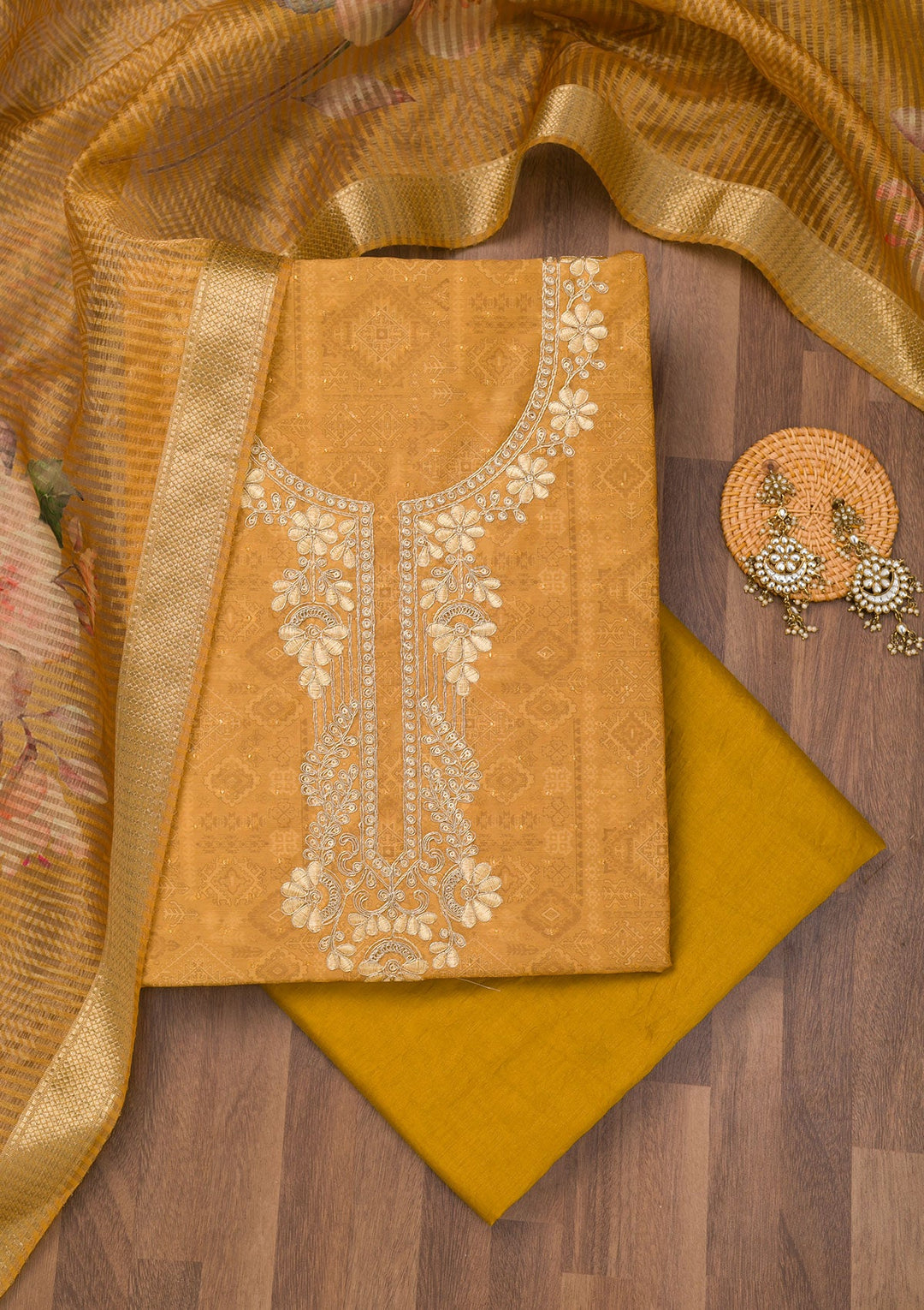 Mustard Zariwork Cotton Unstitched Salwar Suit-Koskii