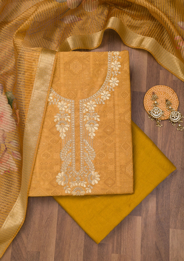 Mustard Zariwork Cotton Unstitched Salwar Suit-Koskii