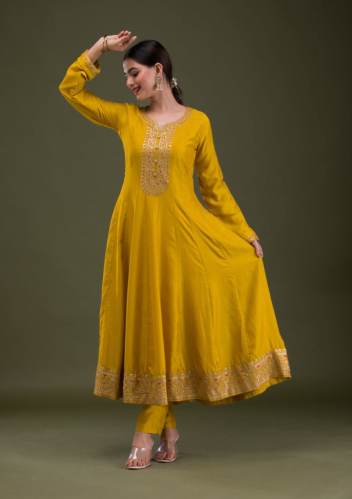 Mustard Zariwork Crepe Readymade Salwar Suit-Koskii