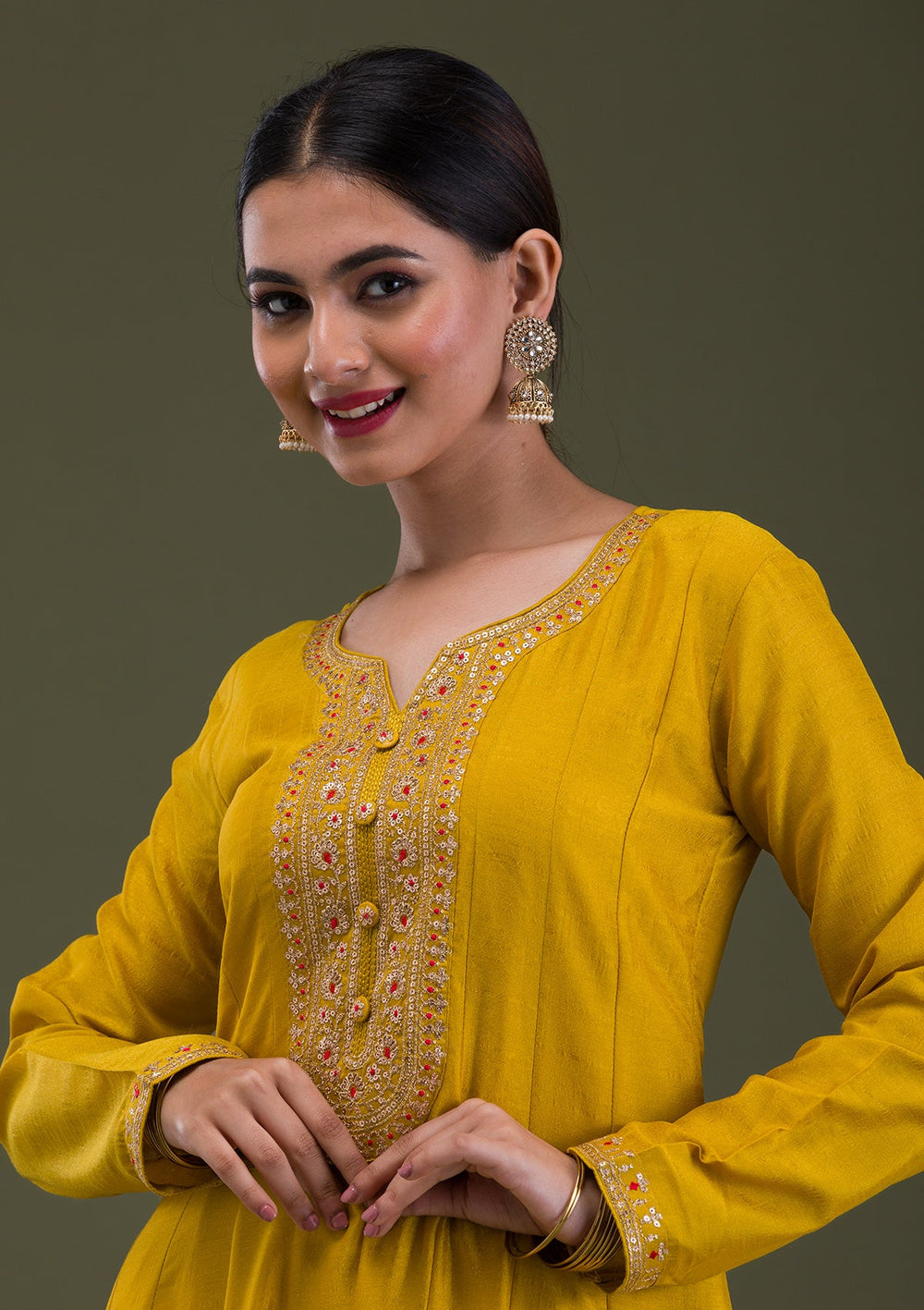 Mustard Zariwork Crepe Readymade Salwar Suit-Koskii