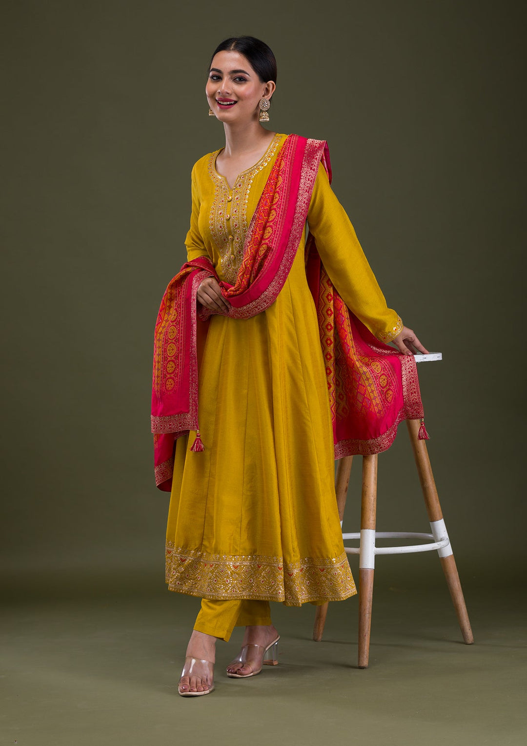Mustard Zariwork Crepe Readymade Salwar Suit-Koskii