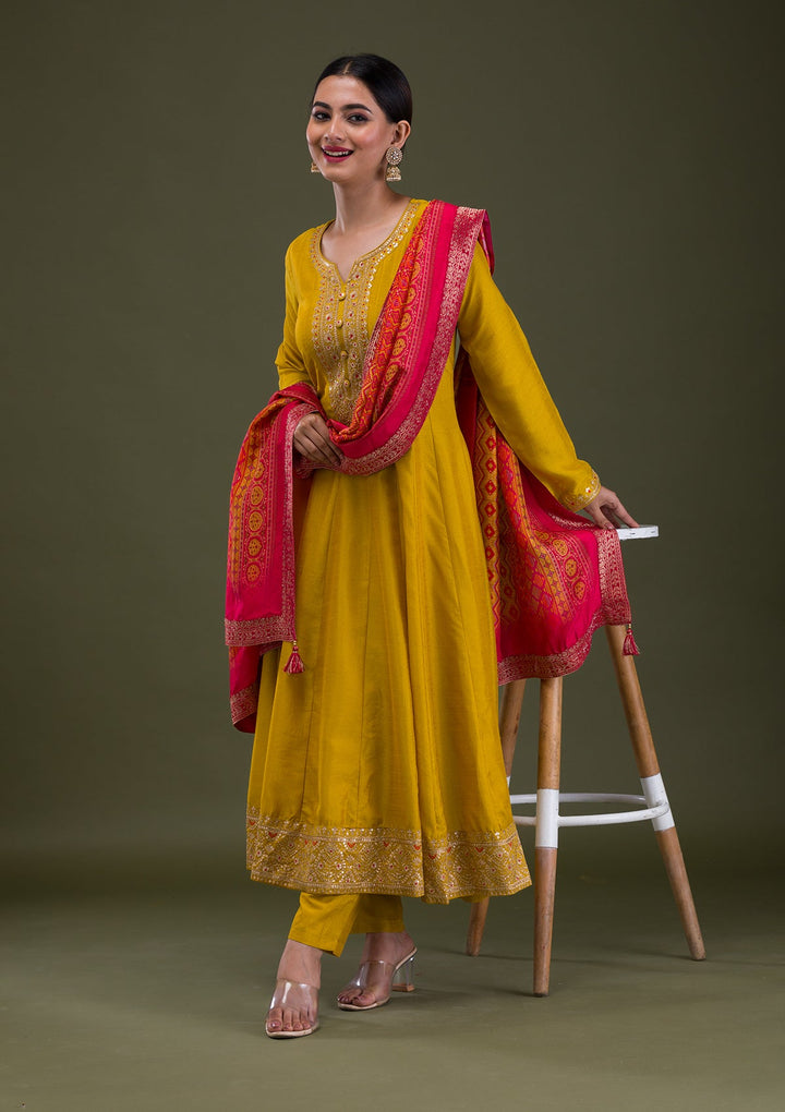 Mustard Zariwork Crepe Readymade Salwar Suit-Koskii