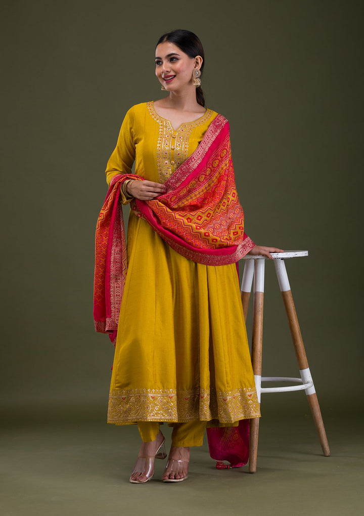 Mustard Zariwork Crepe Readymade Salwar Suit-Koskii