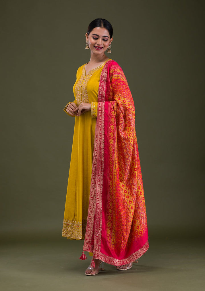 Mustard Zariwork Crepe Readymade Salwar Suit-Koskii