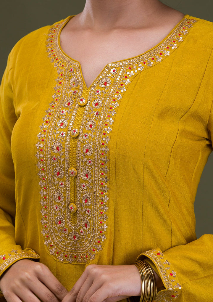 Mustard Zariwork Crepe Readymade Salwar Suit-Koskii