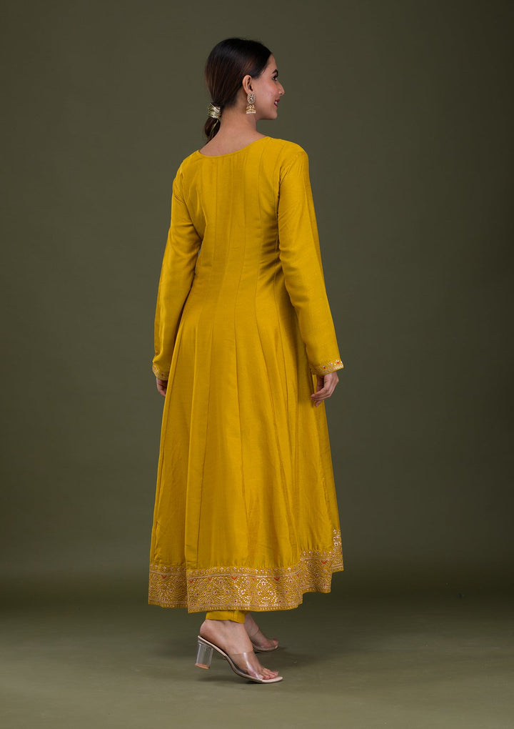 Mustard Zariwork Crepe Readymade Salwar Suit-Koskii