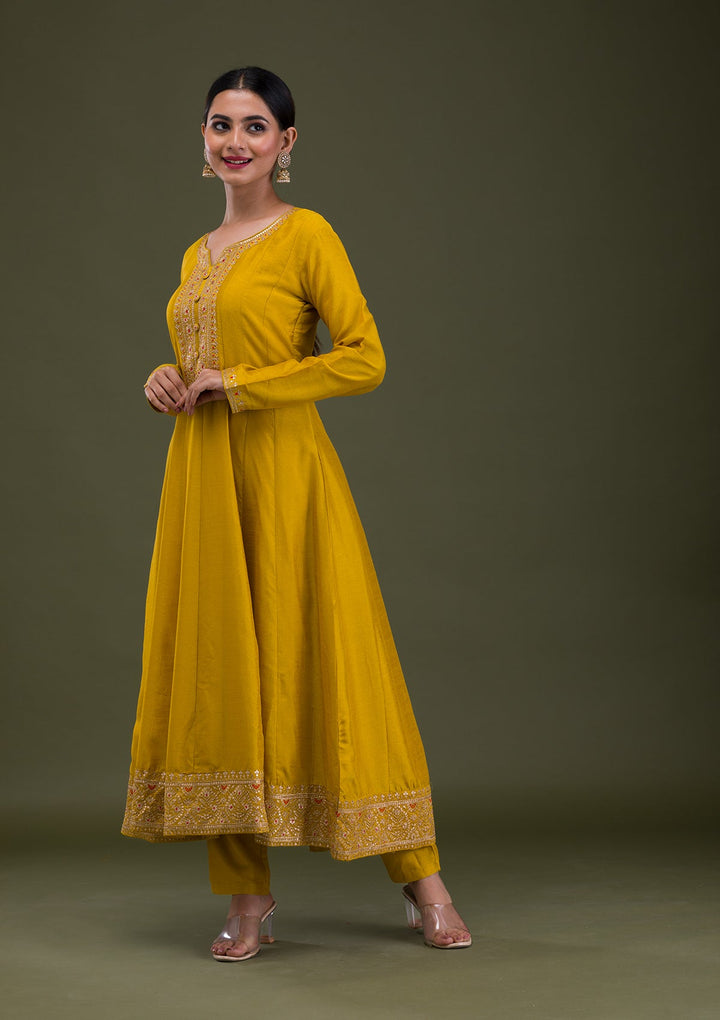 Mustard Zariwork Crepe Readymade Salwar Suit-Koskii