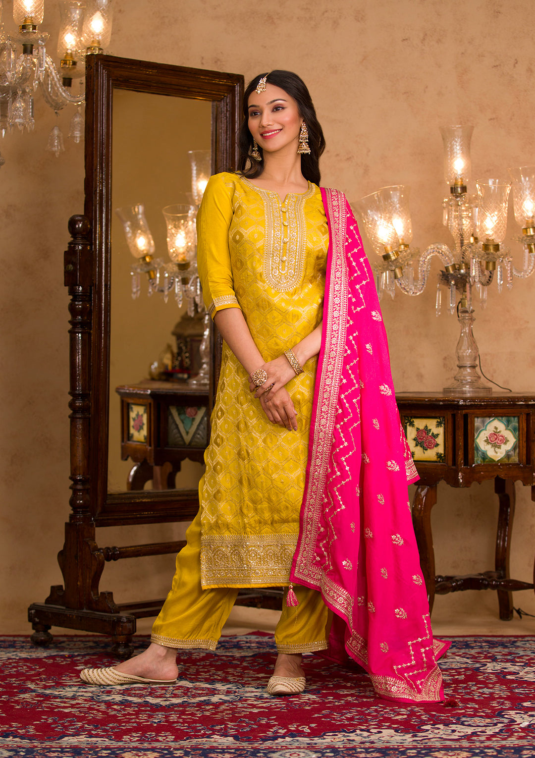 Mustard Zariwork Crepe Readymade Salwar Kameez