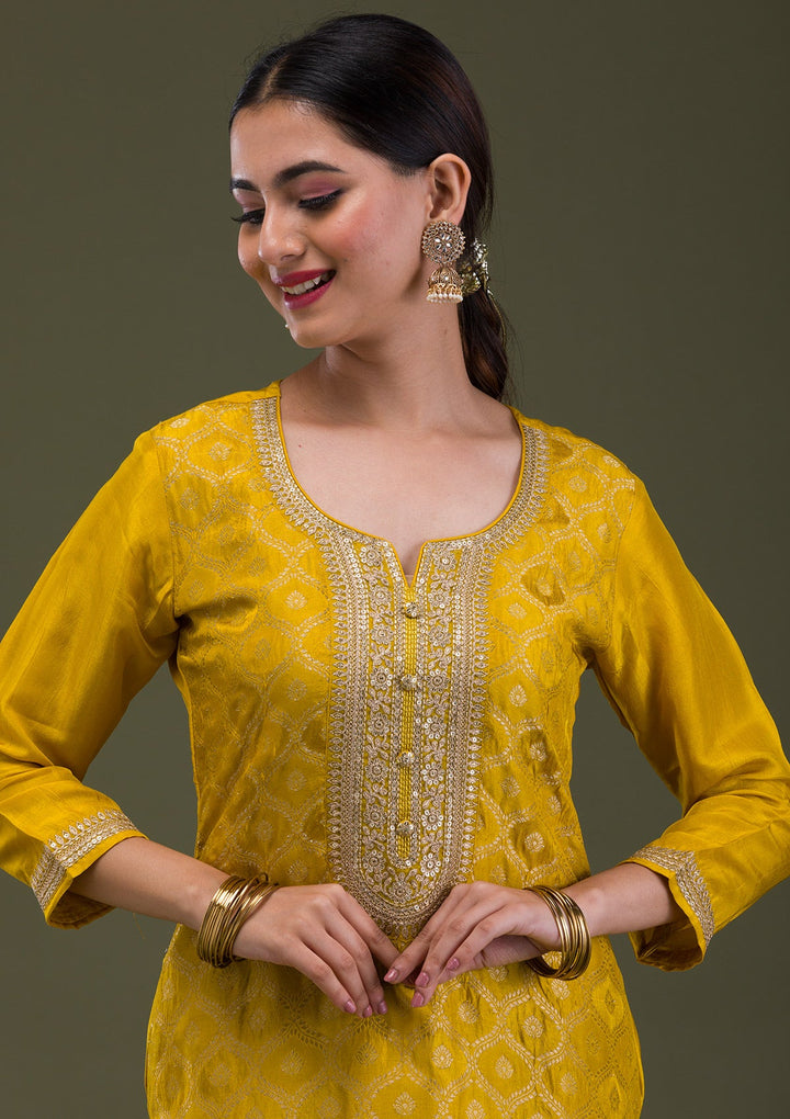 Mustard Zariwork Crepe Readymade Salwar Suit-Koskii